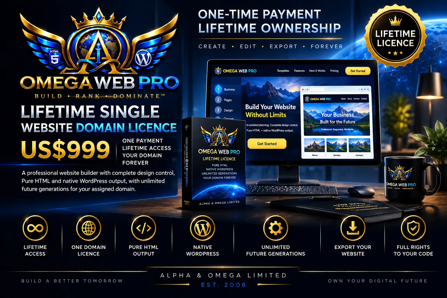 Omega Web Pro Lifetime Single Website Domain Licence — US$999 one time